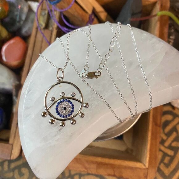 Evil Eye Sterling Silver CZ Blue Eyed Sapphire Necklace - Picture 2 of 6